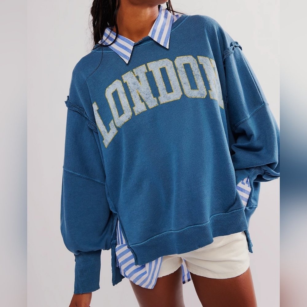 NWT FREE PEOPLE CAMDEN LONDON Denim Blue Sweatshirt We The Free New S Small - Picture 9 of 10